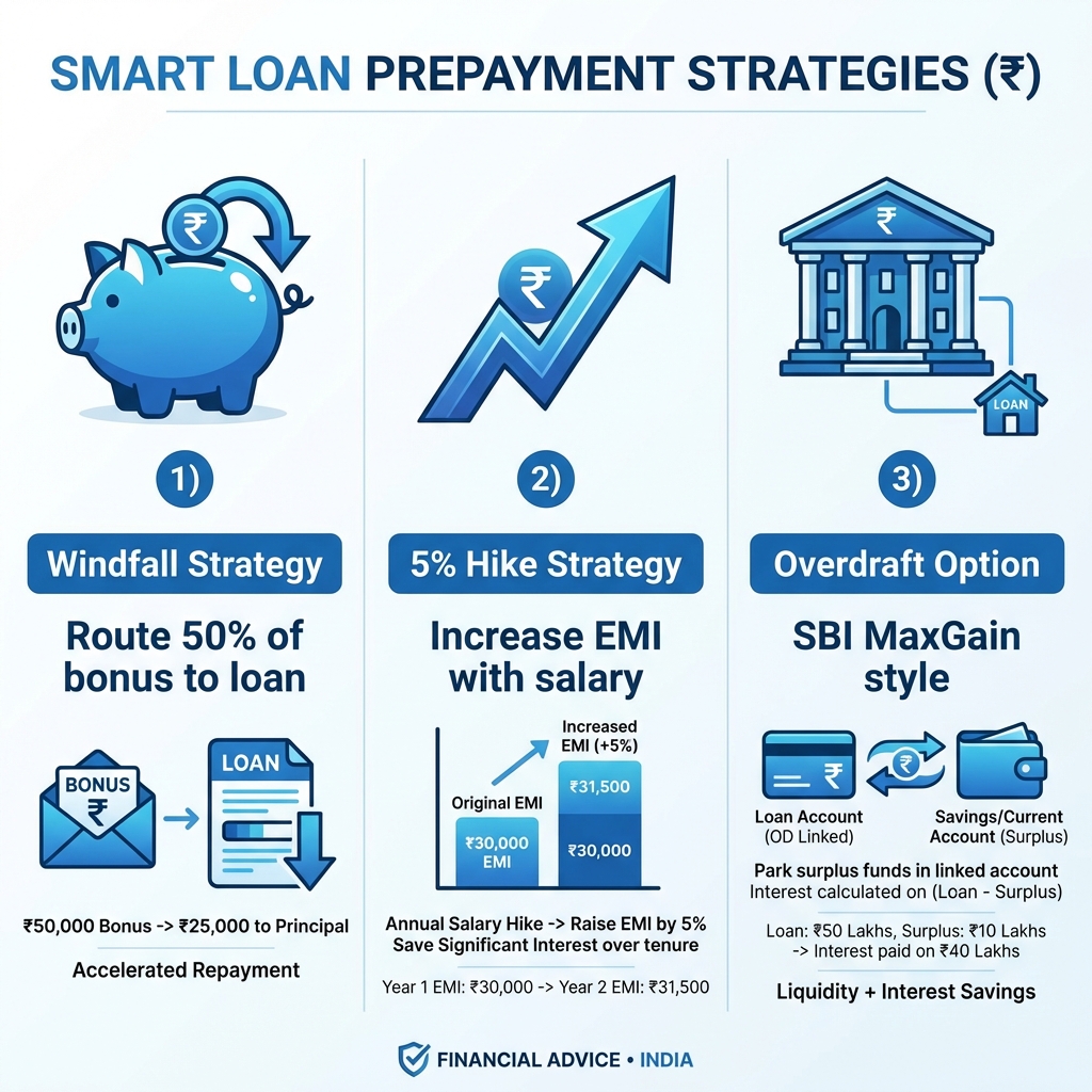 3 Smart Home Loan Prepayment Strategies - Windfall, 5% Hike, Overdraft